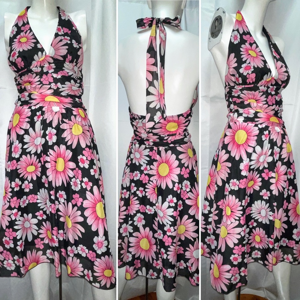 Floral Halter Neck Dress - Pink and Black